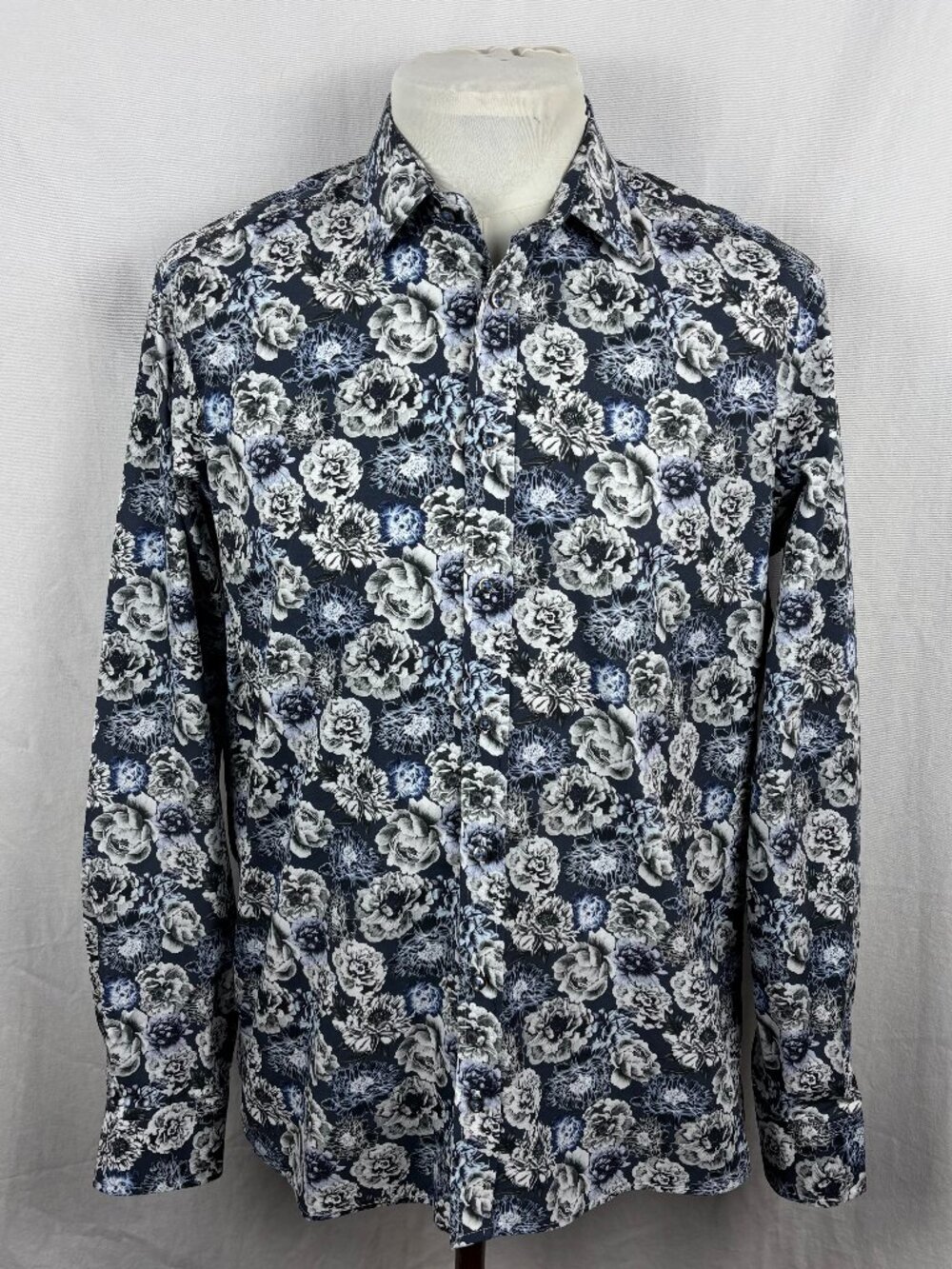 SAND Copenhagen Modern Fit 42 Blue Floral Print Dress Shirt Cotton Portugal